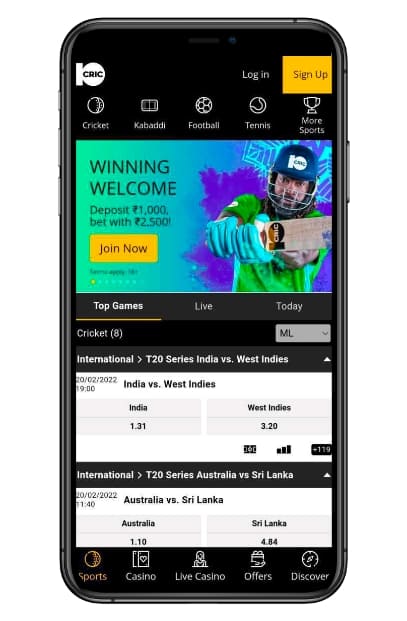 Screenshot of the 10Cric betting website on mobile