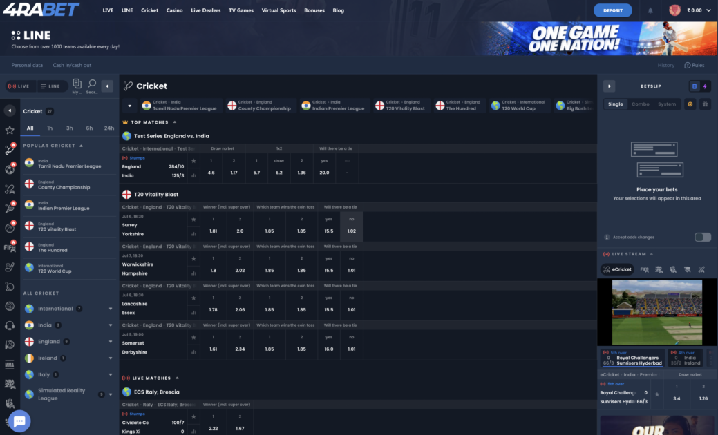 A screenshot of the 4RaBet cricket betting screen