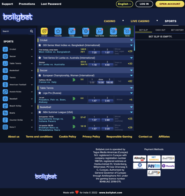 Bollybet betting markets screenshot.