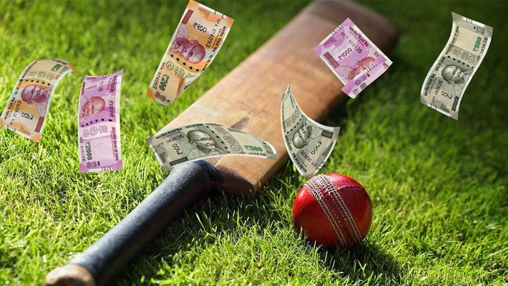 Cricket bat and ball with rupees dropping around
