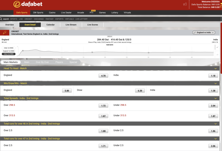 cricket betting on the dafabet website screenshot