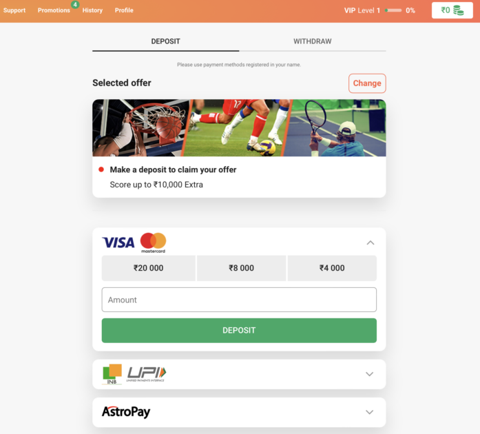 Leo Vegas website with Astropay payment option on screen