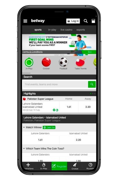 The Betway app on a mobile phone screen