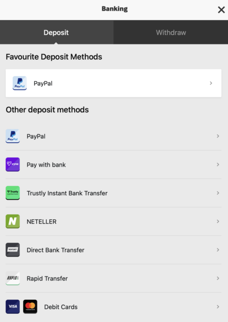 betway banking options screenshot