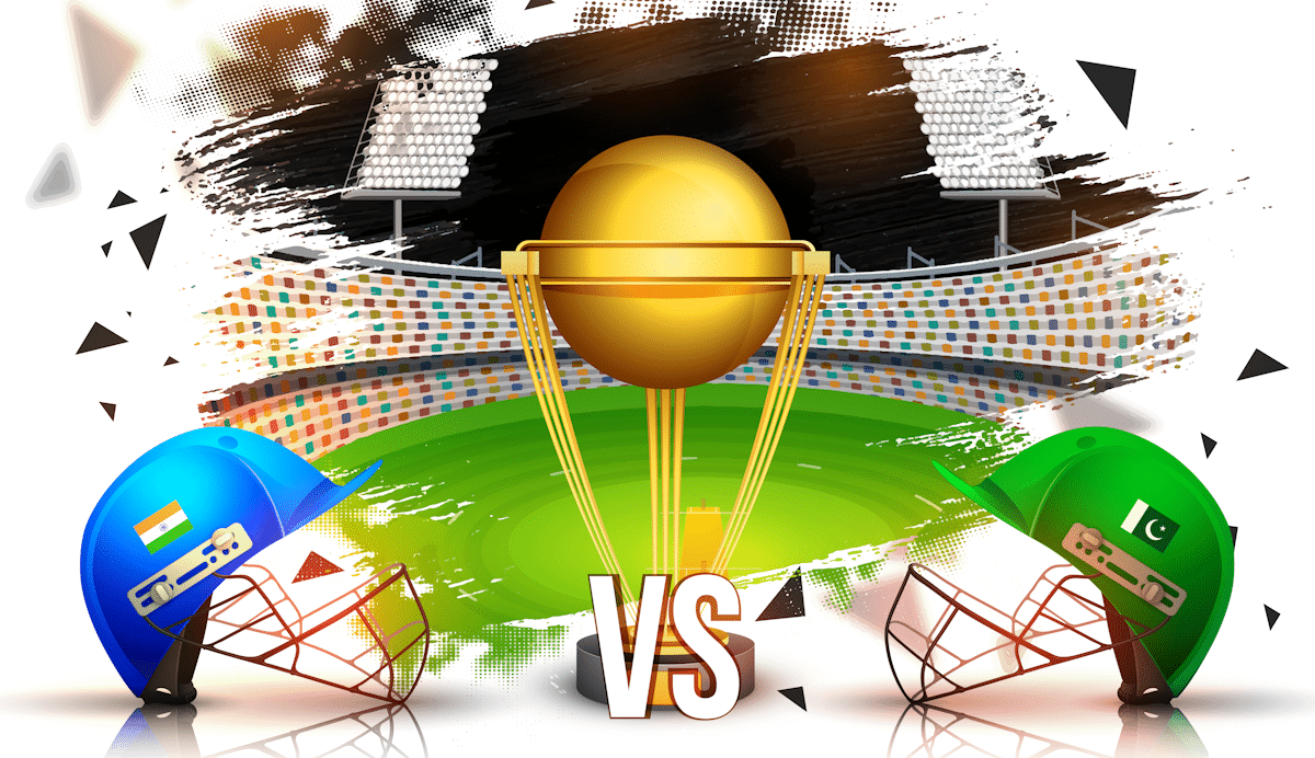 India vs Pakistan symbology with helmets and trophy in a cricket stadium