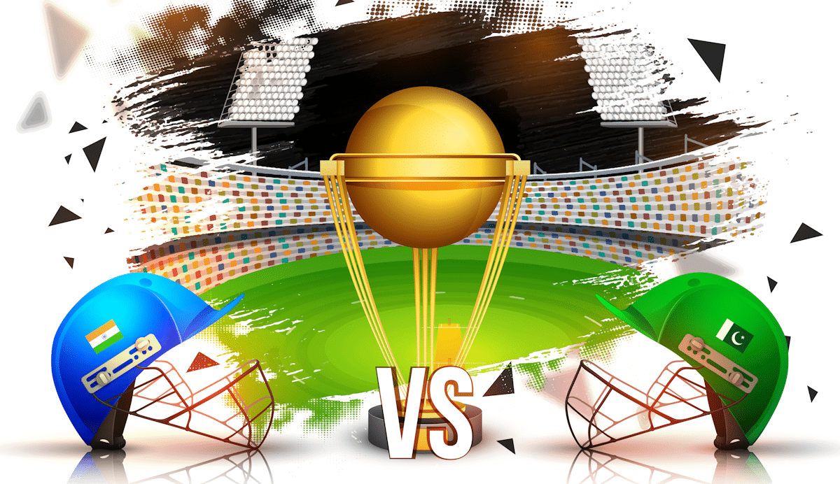 India vs Pakistan symbology with helmets and trophy in a cricket stadium 