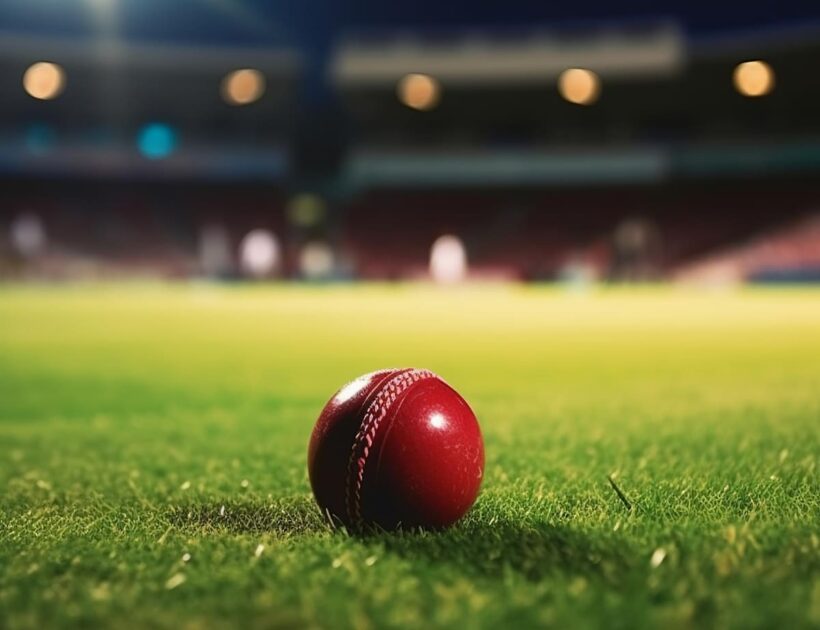 cricket ball sat on the grass in a empty stadium