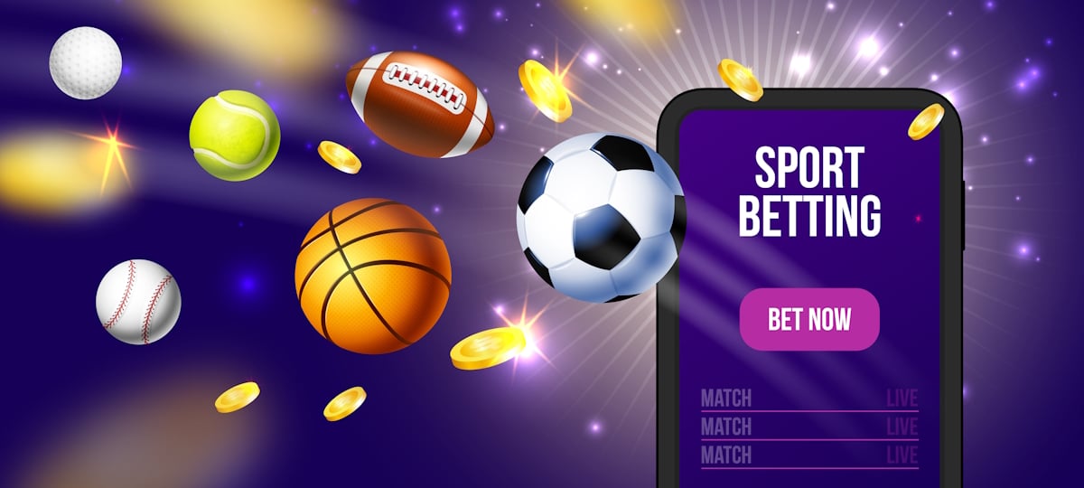 Sports betting app with sports balls bursting out of it