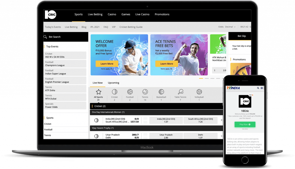 Laptop and mobile phone with 10Cric betting website being displayed on both. IPL betting bonus on screen